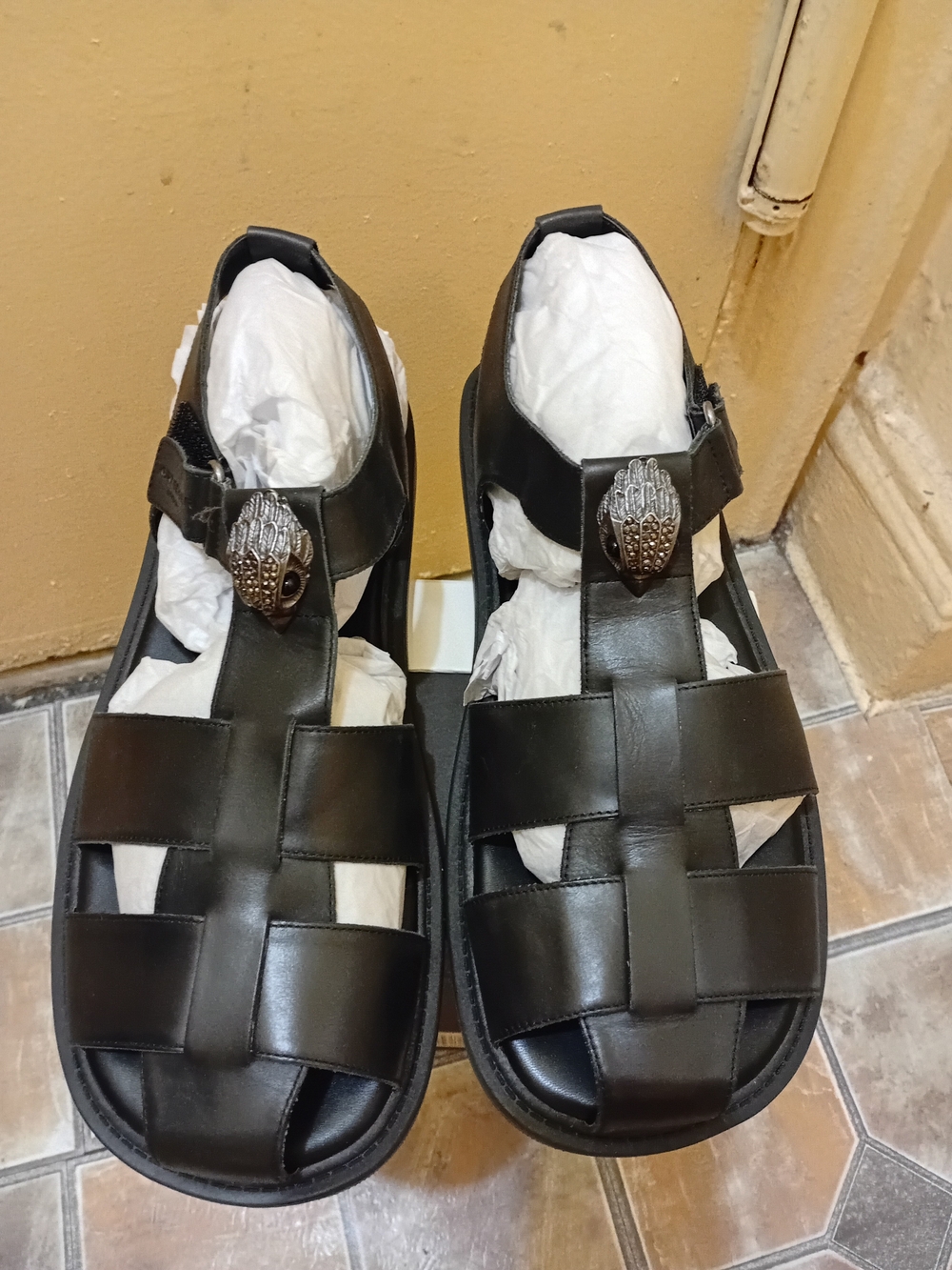 Black Leather Woven Fisherman Sandals